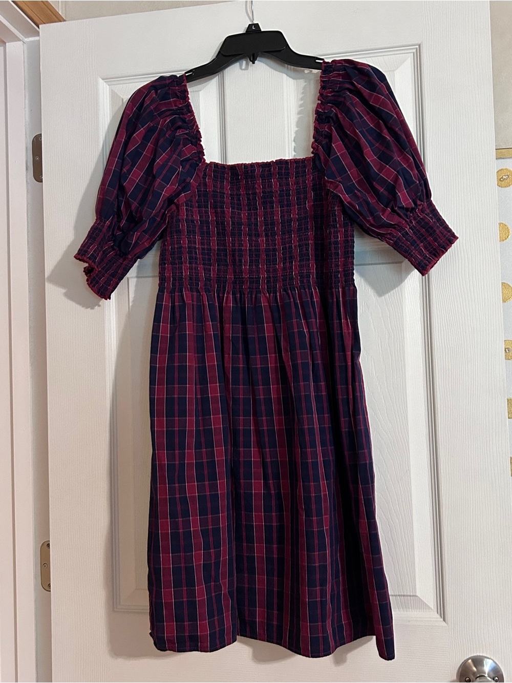 Smocked Plaid Dress in Navy and Burgundy